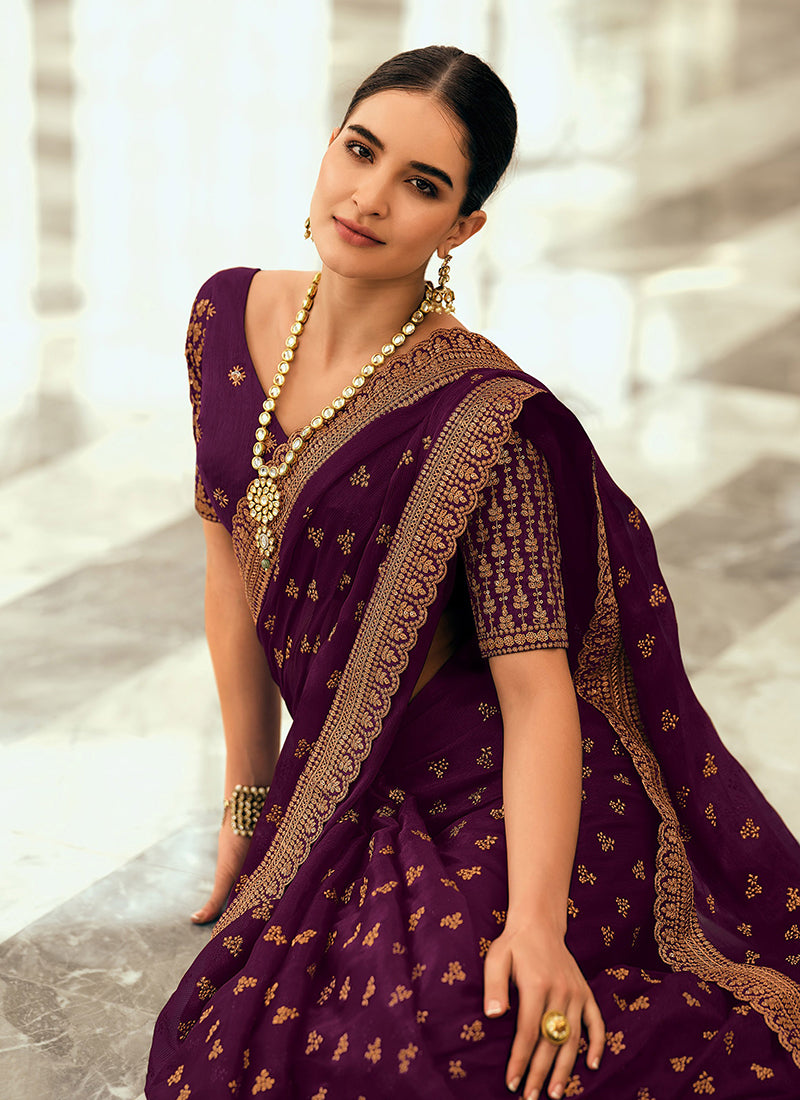 Deep Wine Sequence Embroidery Wedding Silk Saree