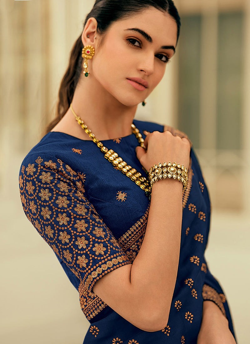 Dark Blue Sequence Embroidery Wedding Silk Saree