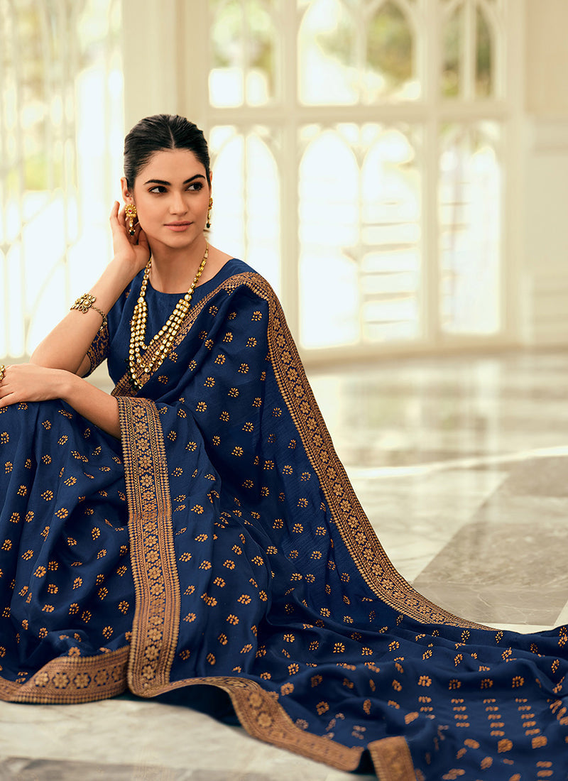 Dark Blue Sequence Embroidery Wedding Silk Saree