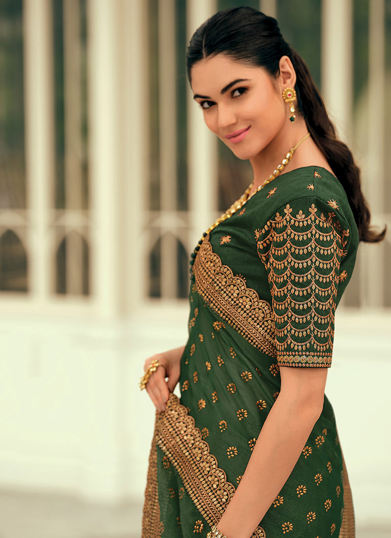 Green Sequence Embroidery Wedding Silk Saree