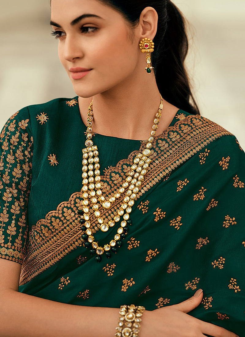 Dark Green Sequence Embroidery Wedding Silk Saree