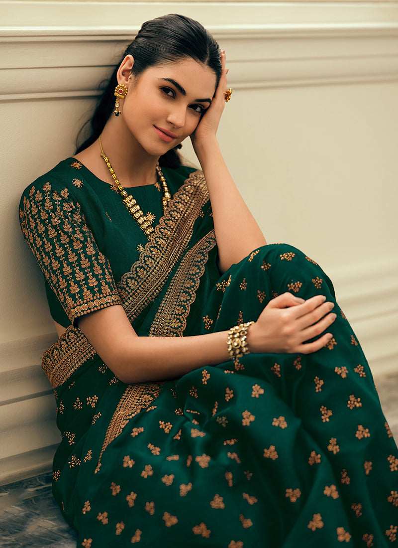 Dark Green Sequence Embroidery Wedding Silk Saree