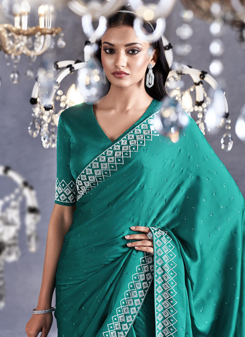 Rama Green Stone Work Embroidery Wedding Saree