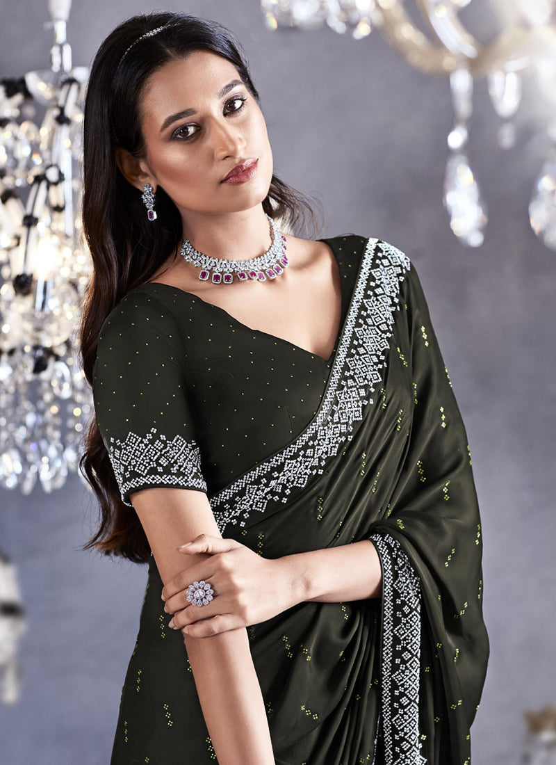 Olive Green Stone Work Embroidery Wedding Saree