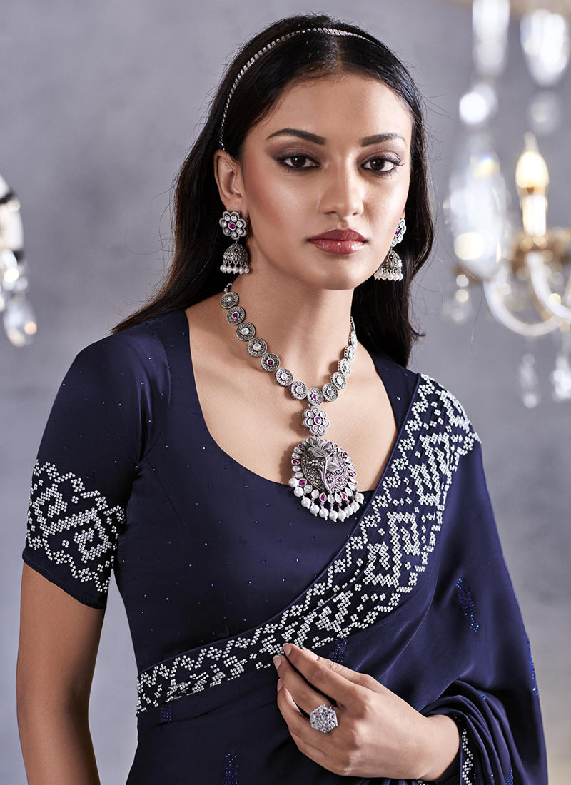 Dark Blue Stone Work Embroidery Wedding Saree