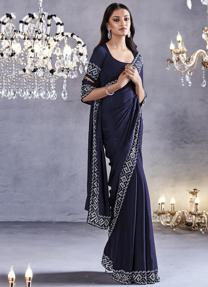 Dark Blue Stone Work Embroidery Wedding Saree