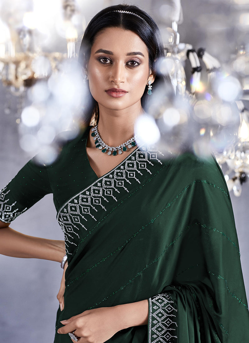 Dark Green Stone Work Embroidery Wedding Saree