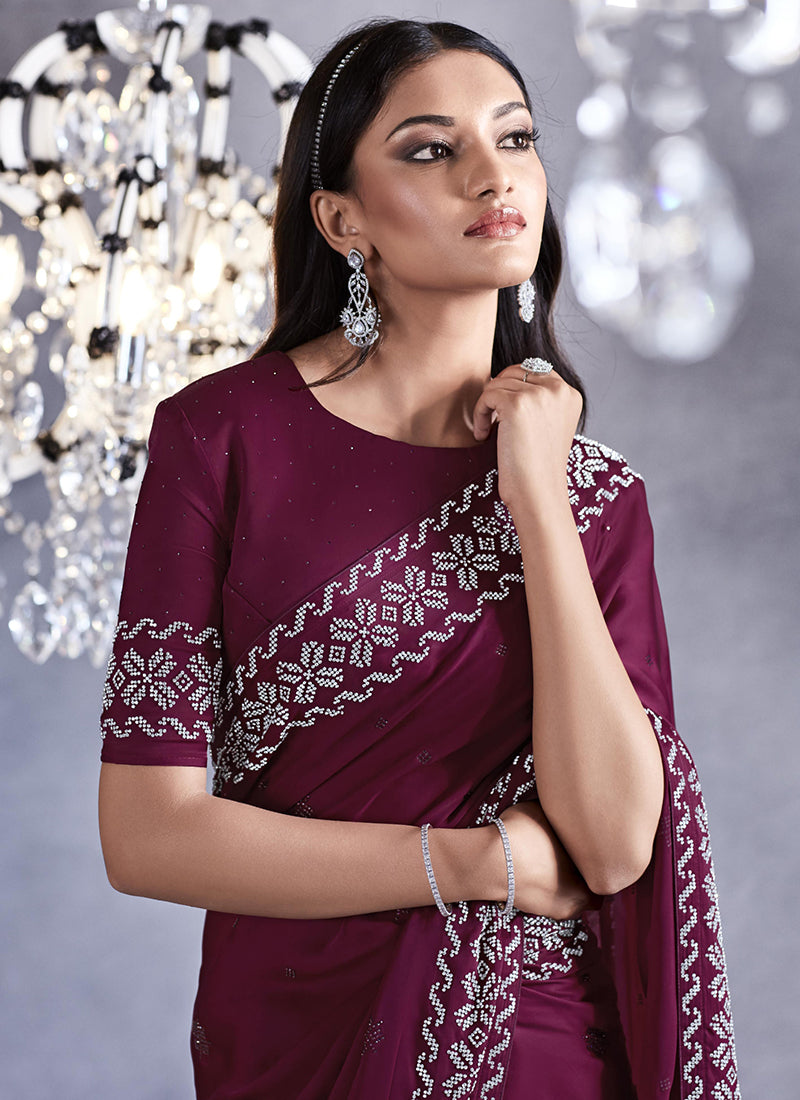 Deep Wine Stone Work Embroidery Wedding Saree