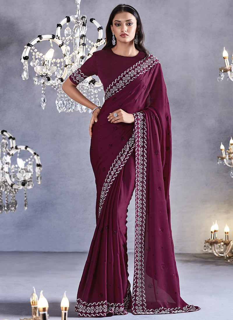 Deep Wine Stone Work Embroidery Wedding Saree