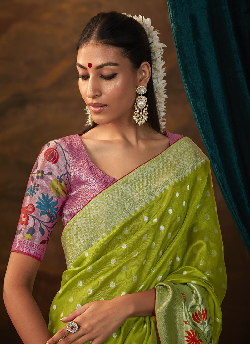 Green And Pink Floral Paithani Banarasi Dola Silk Saree