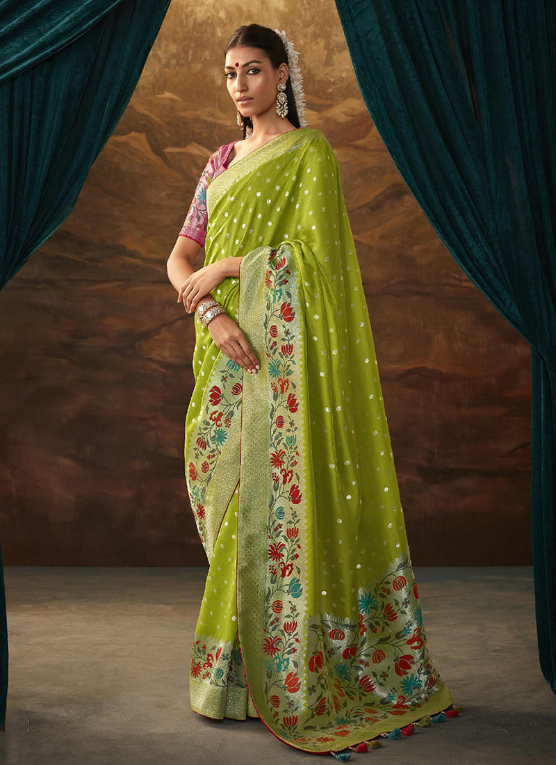 Green And Pink Floral Paithani Banarasi Dola Silk Saree