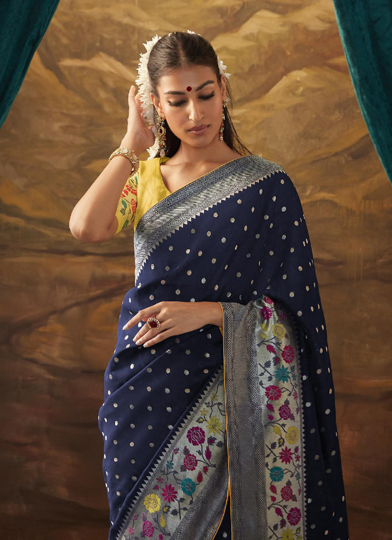 Blue And Yellow Floral Paithani Banarasi Dola Silk Saree