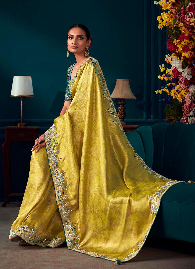 Yellow Multi Embroidered Traditional Silk Saree