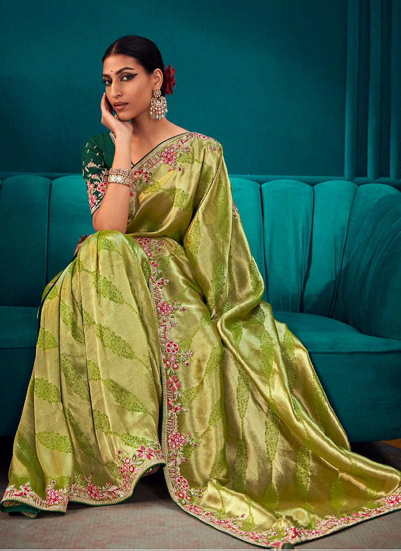 Green Golden Multi Embroidered Traditional Silk Saree