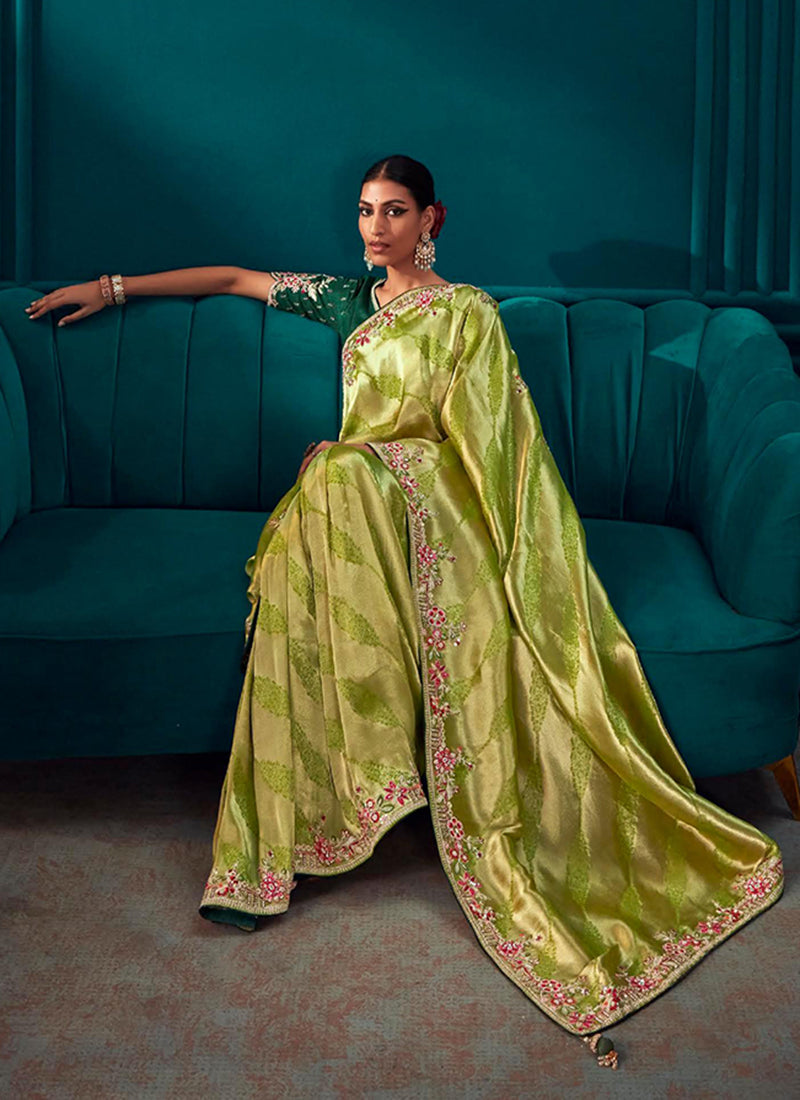 Green Golden Multi Embroidered Traditional Silk Saree