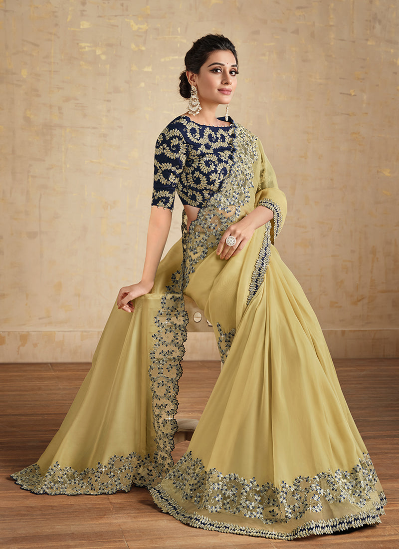 Yellow And Blue Embroidered Traditional Wedding Saree