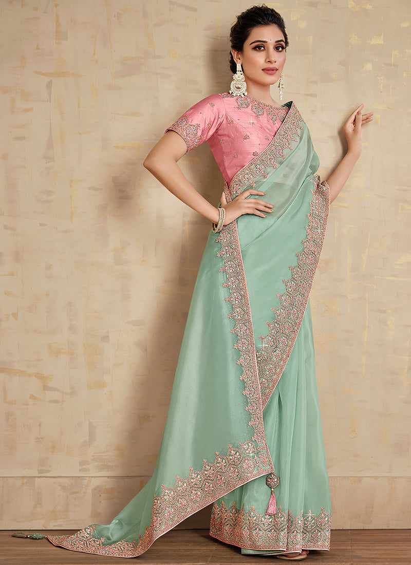 Teal And Pink Embroidered Traditional Wedding Saree