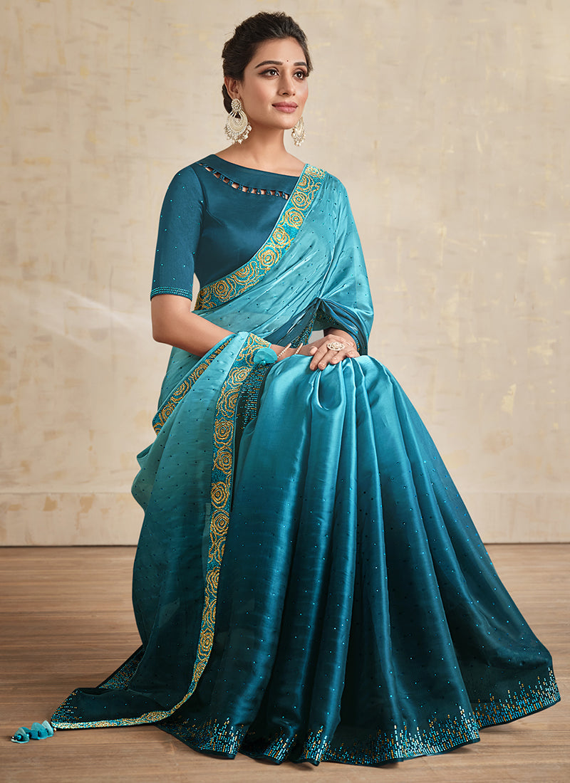 Royal Blue Embroidered Traditional Wedding Saree