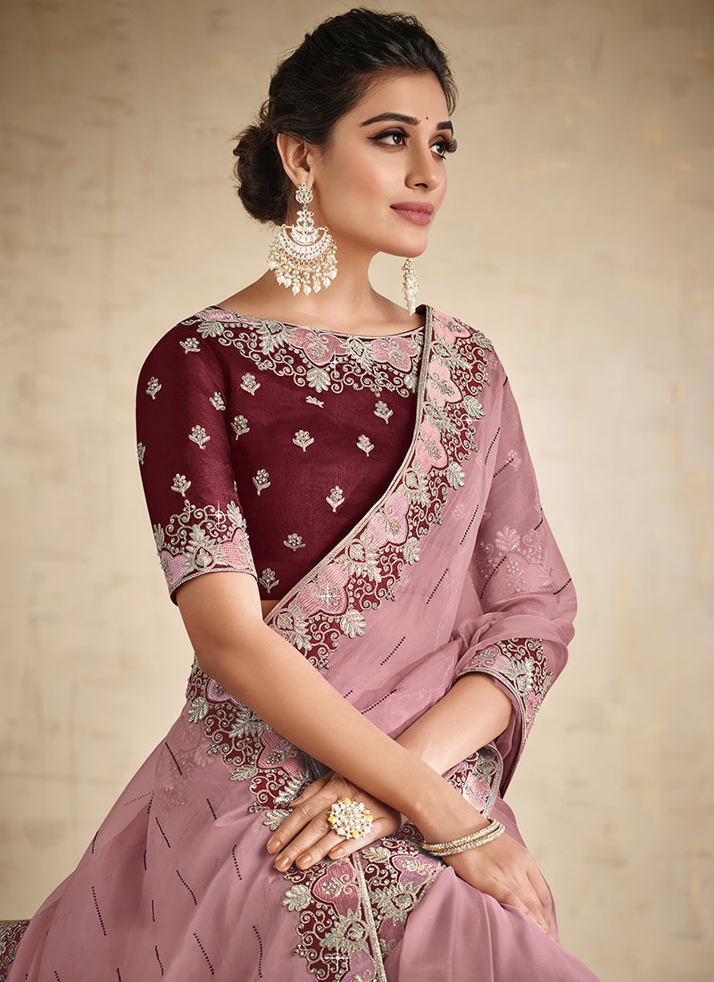 Pink And Wine Embroidered Traditional Wedding Saree