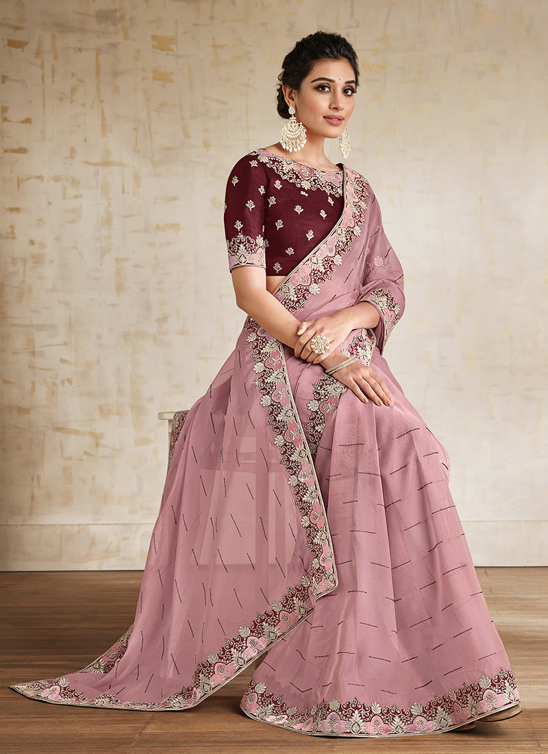 Pink And Wine Embroidered Traditional Wedding Saree