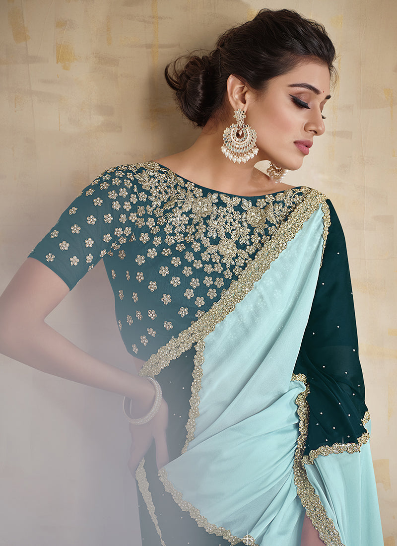 Turquoise Embroidered Traditional Wedding Saree