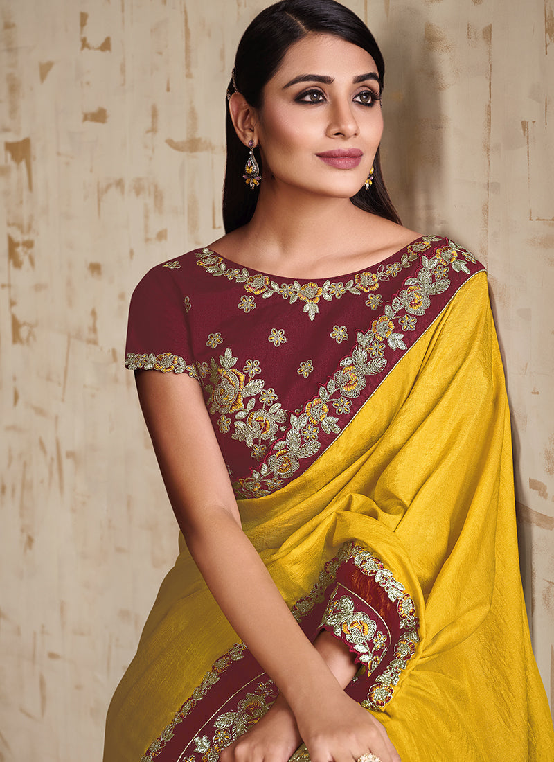 Yellow And Maroon Embroidered Traditional Wedding Saree