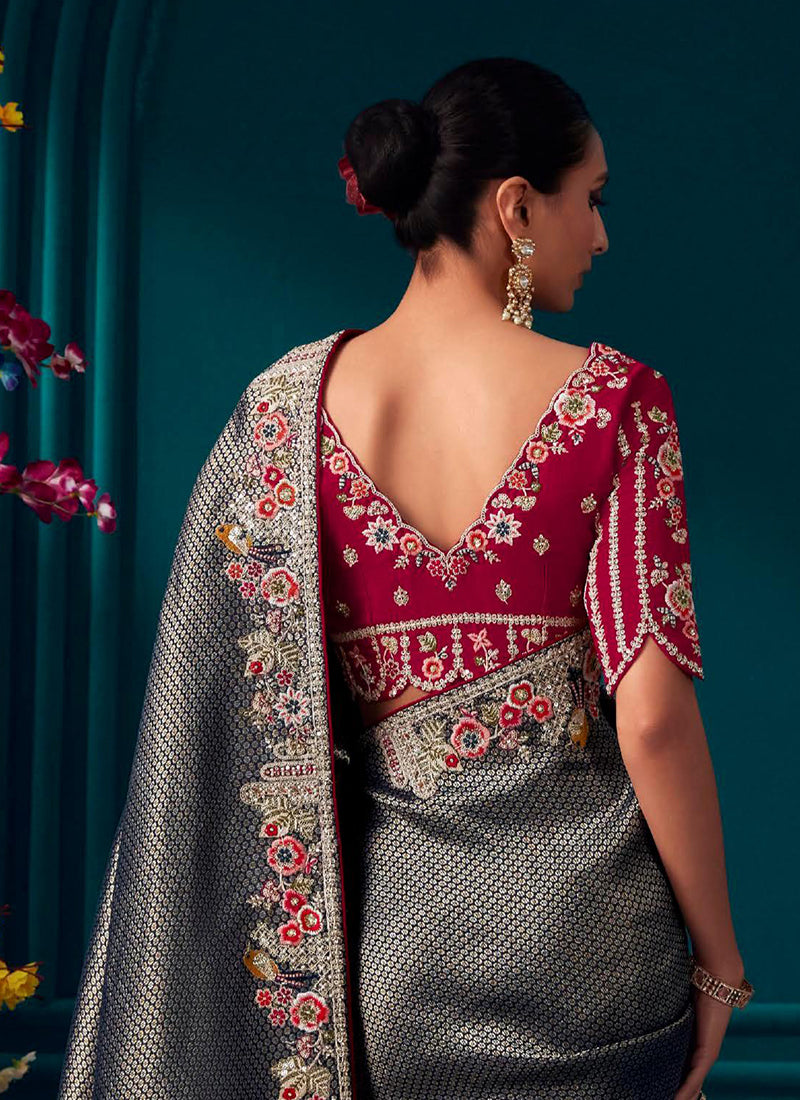 Grey And Red Multi Embroidered Traditional Silk Saree