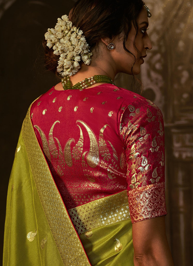 Green And Red Weaved Pure Dola Silk Saree