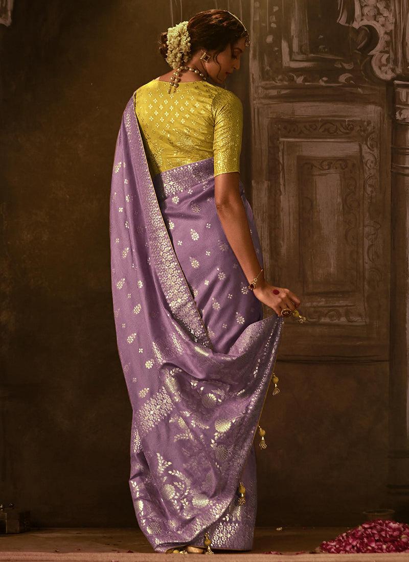 Purple And Yellow Weaved Pure Dola Silk Saree