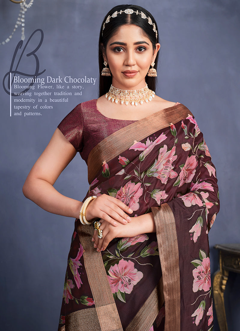 Wine Ikat Print And Sequence Silk Saree