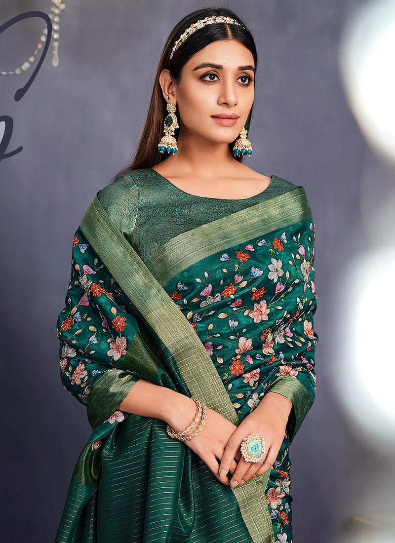 Green Ikat Print And Sequence Silk Saree