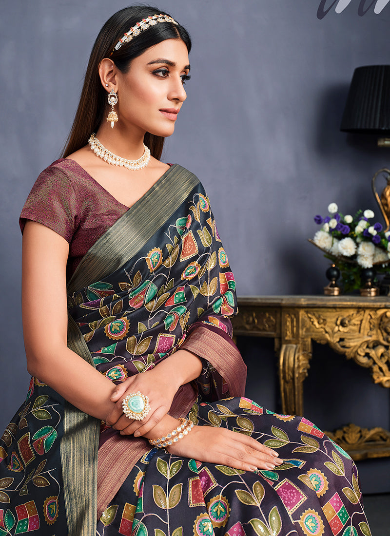 Bluish Maroon Floral Print And Sequence Silk Saree