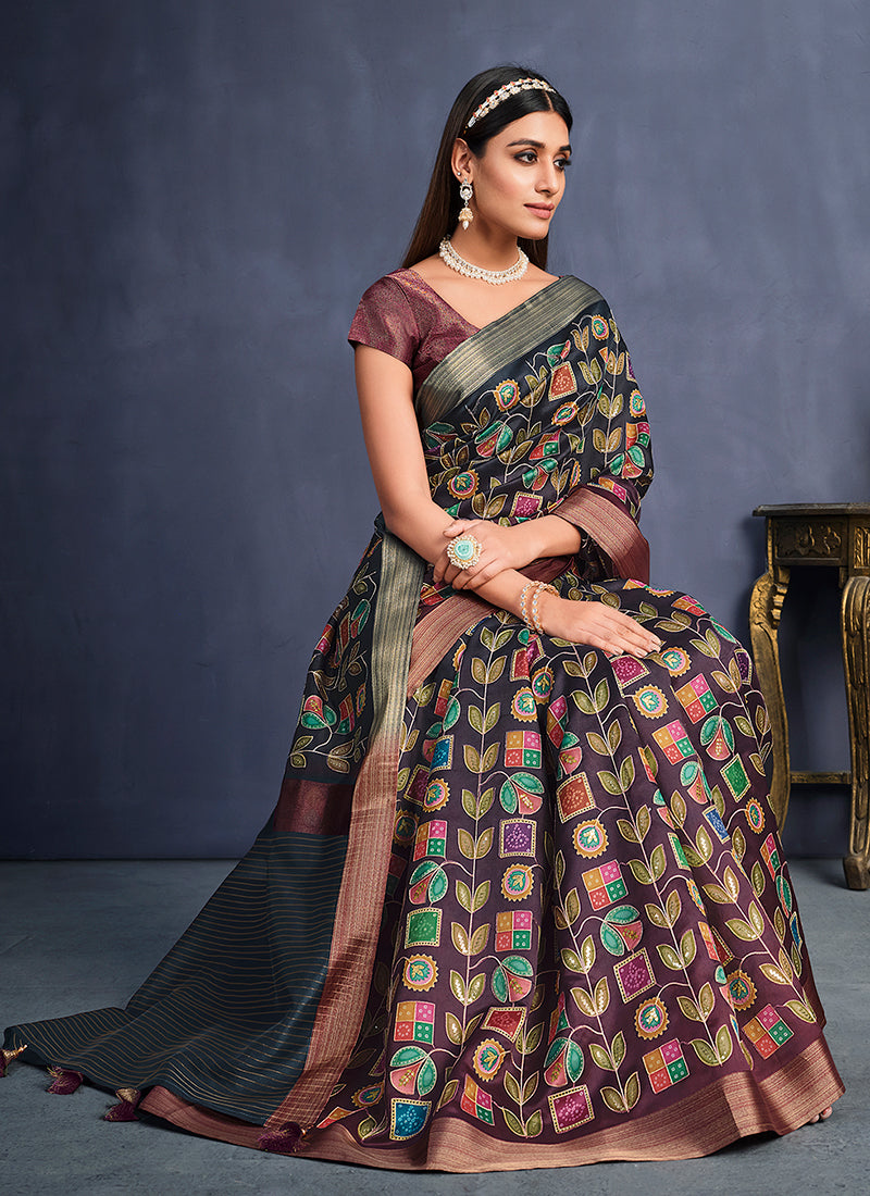 Bluish Maroon Floral Print And Sequence Silk Saree