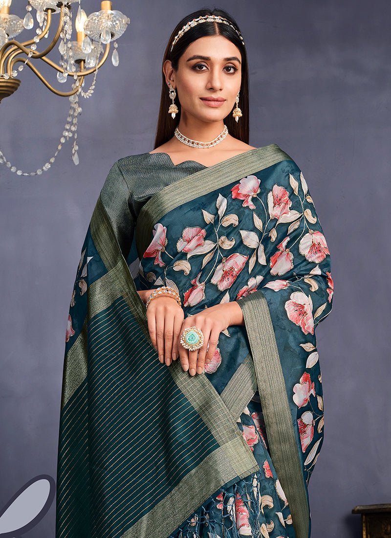 Turquoise Floral Print And Sequence Silk Saree