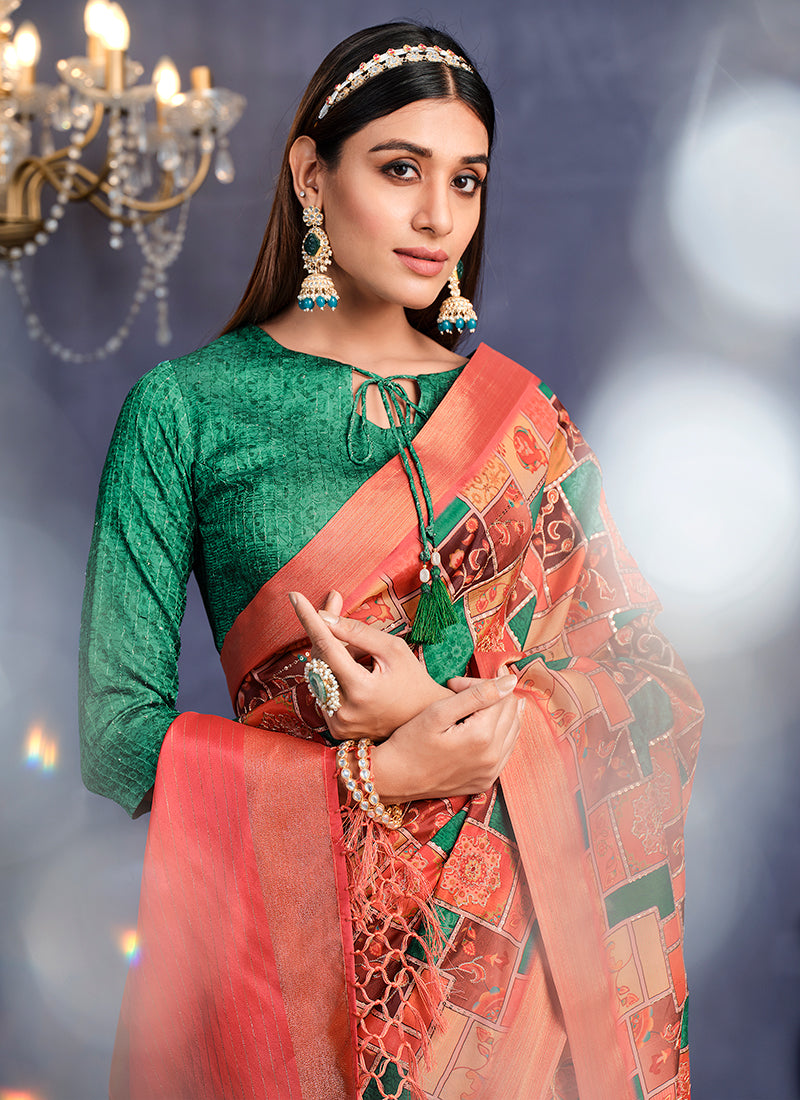 Orange Floral Print And Sequence Silk Saree