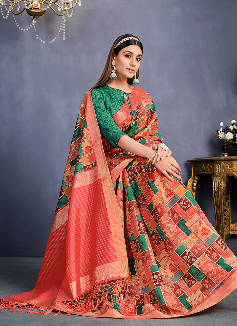 Orange Floral Print And Sequence Silk Saree