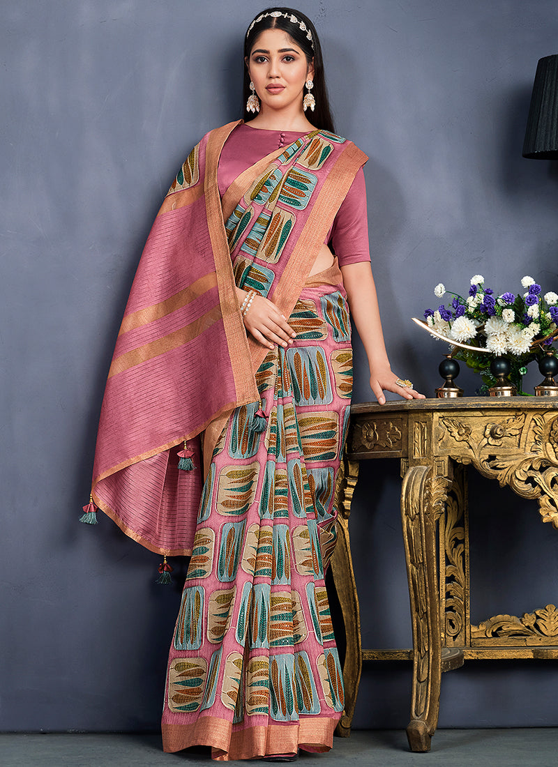 Pink Digital Print And Sequence Silk Saree