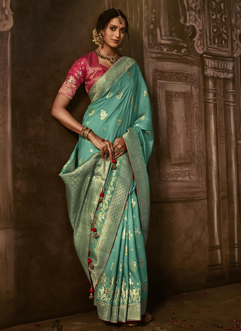 Teal And Pink Weaved Pure Dola Silk Saree