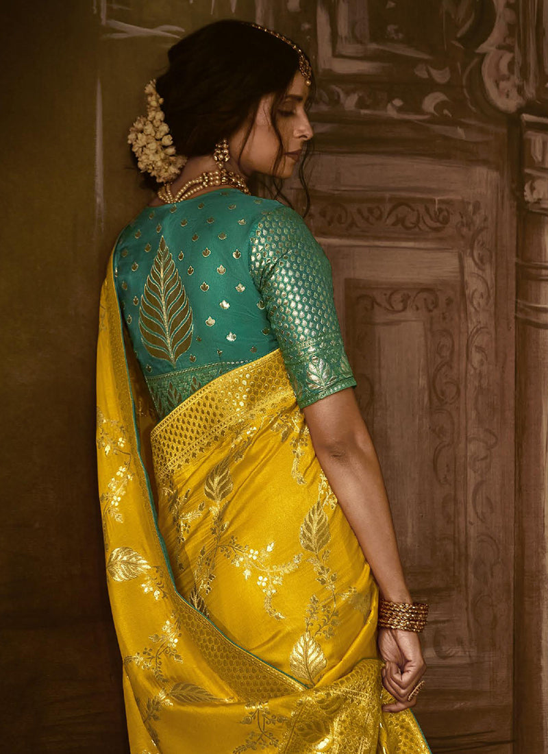 Yellow And Green Weaved Pure Dola Silk Saree