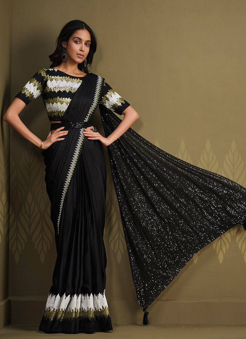 Black And White Sequence Embroidery Designer Saree