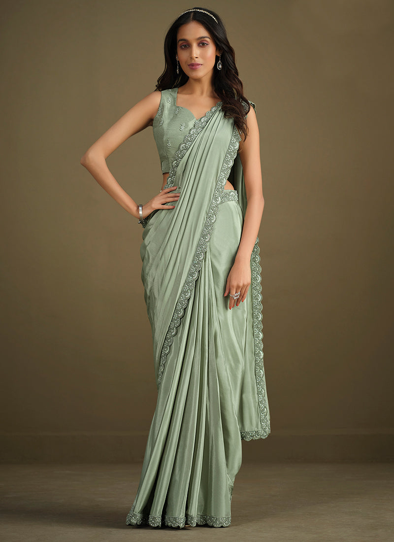 Sea Green Sequence Embroidery Saree With Jacket