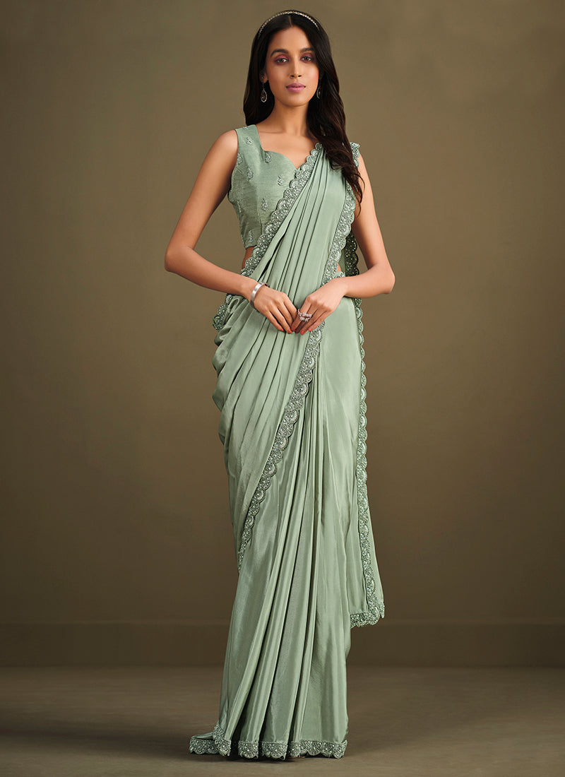 Sea Green Sequence Embroidery Saree With Jacket