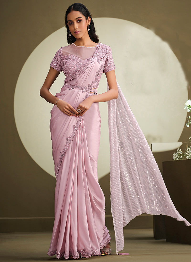 Lilac Purple Sequence Embroidery Designer Saree