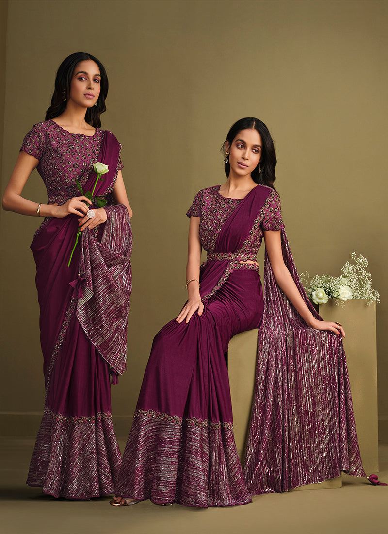 Deep Wine Sequence Embroidery Designer Saree