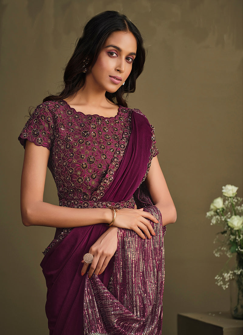 Deep Wine Sequence Embroidery Designer Saree