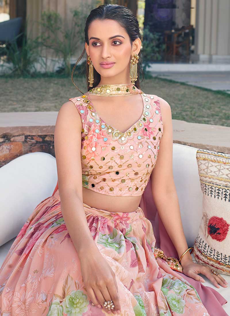 Pink Multicoloured Mirror Work Embroidery Lehenga Choli