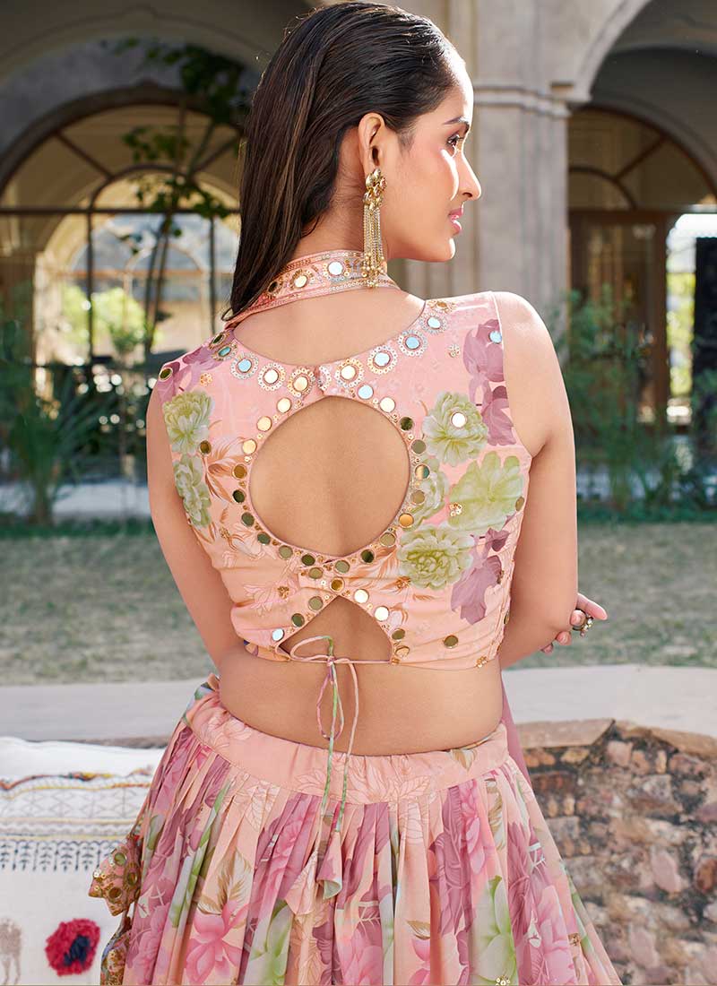 Pink Multicoloured Mirror Work Embroidery Lehenga Choli