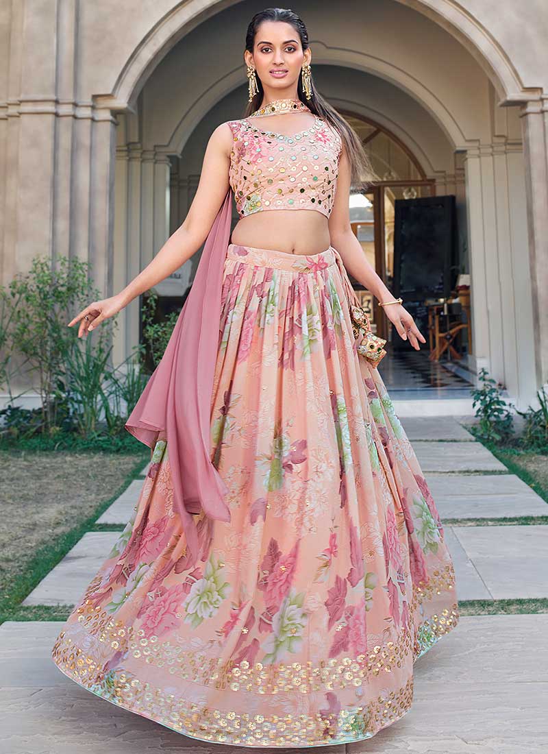 Pink Multicoloured Mirror Work Embroidery Lehenga Choli