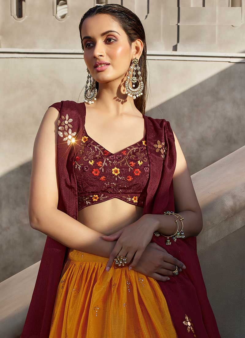 Maroon Orange Multi Embroidery Wedding Lehenga Choli