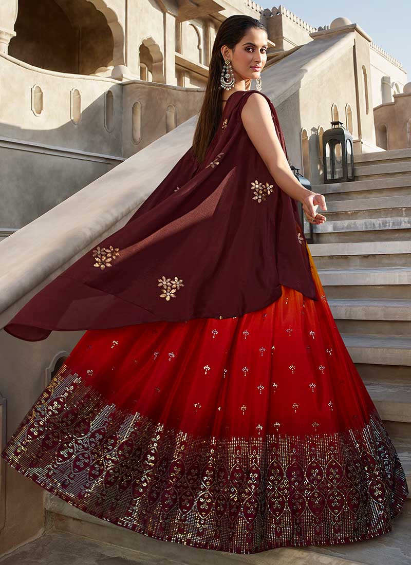 Maroon Orange Multi Embroidery Wedding Lehenga Choli